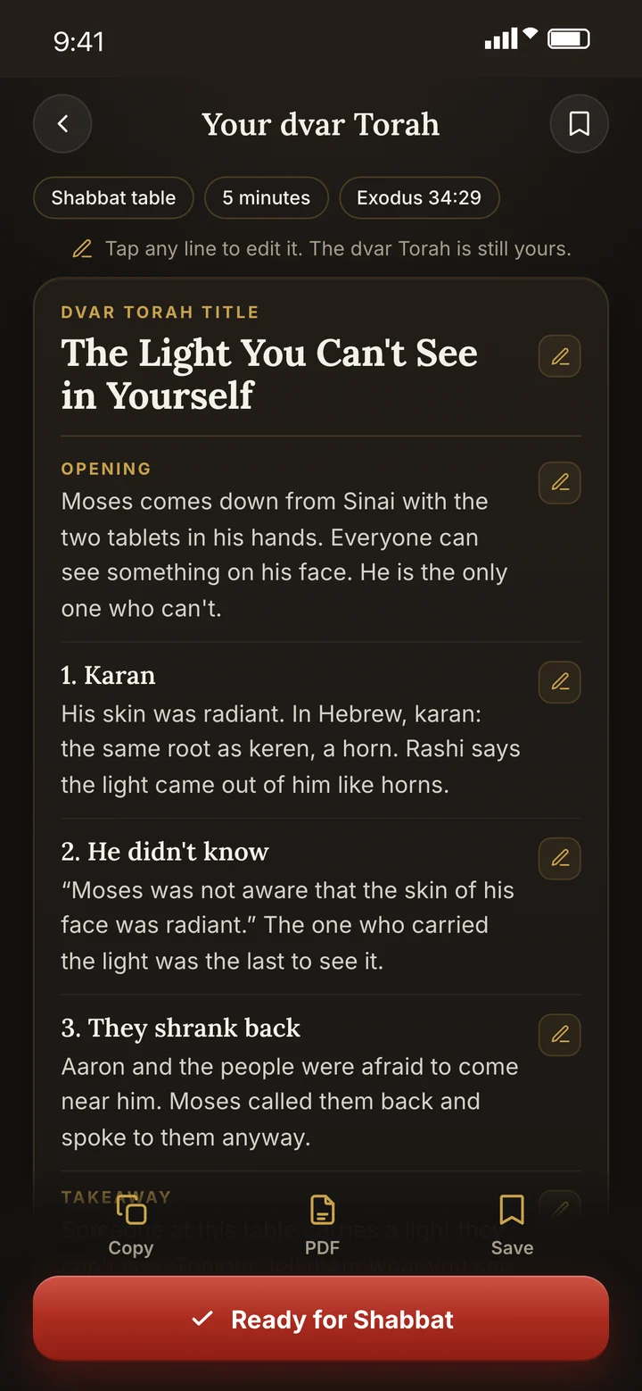 The dvar Torah built: title, opening, three points, takeaway and closing