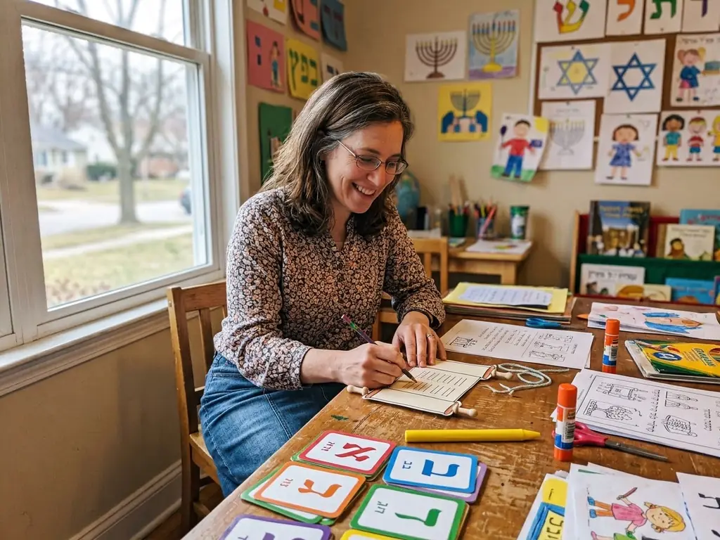 A Hebrew school teacher with her lesson sheets