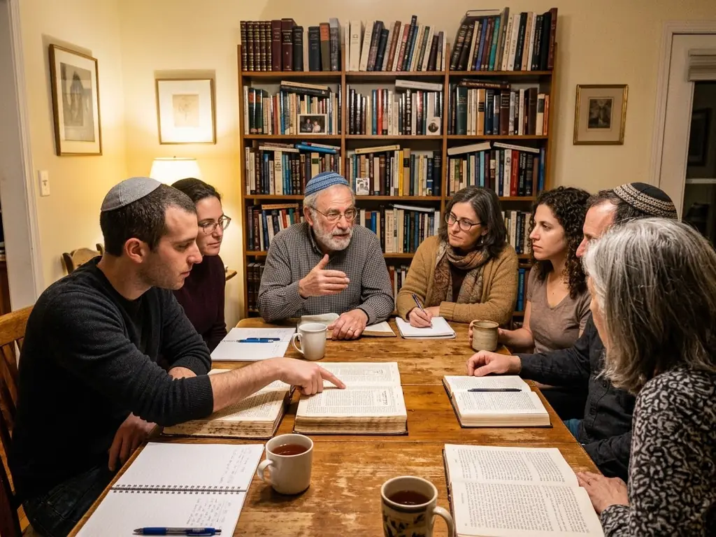 A small Torah study group around a table in the evening