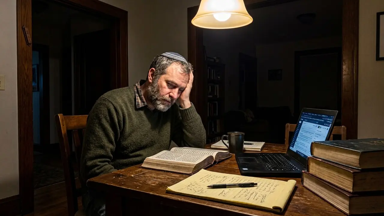 A man at his dining table late at night, books and tabs open everywhere